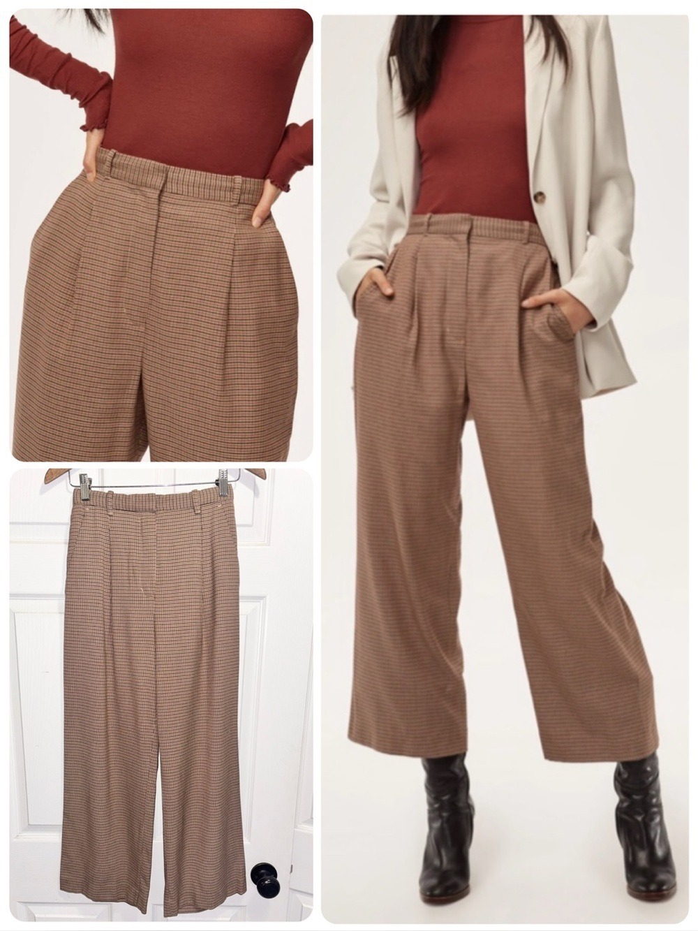 Aritzia Wilfred Aurel Brown Houndstooth Wide Leg Trousers Pants Pleated Size 2